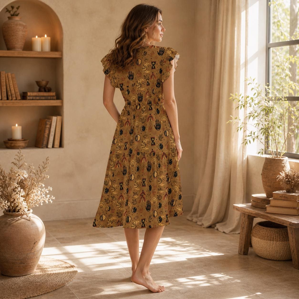 Celestial Print Midi Dress, Moon Phases, Mystical Symbols, Boho Charm, V-Neck, Flowing Silhouette
