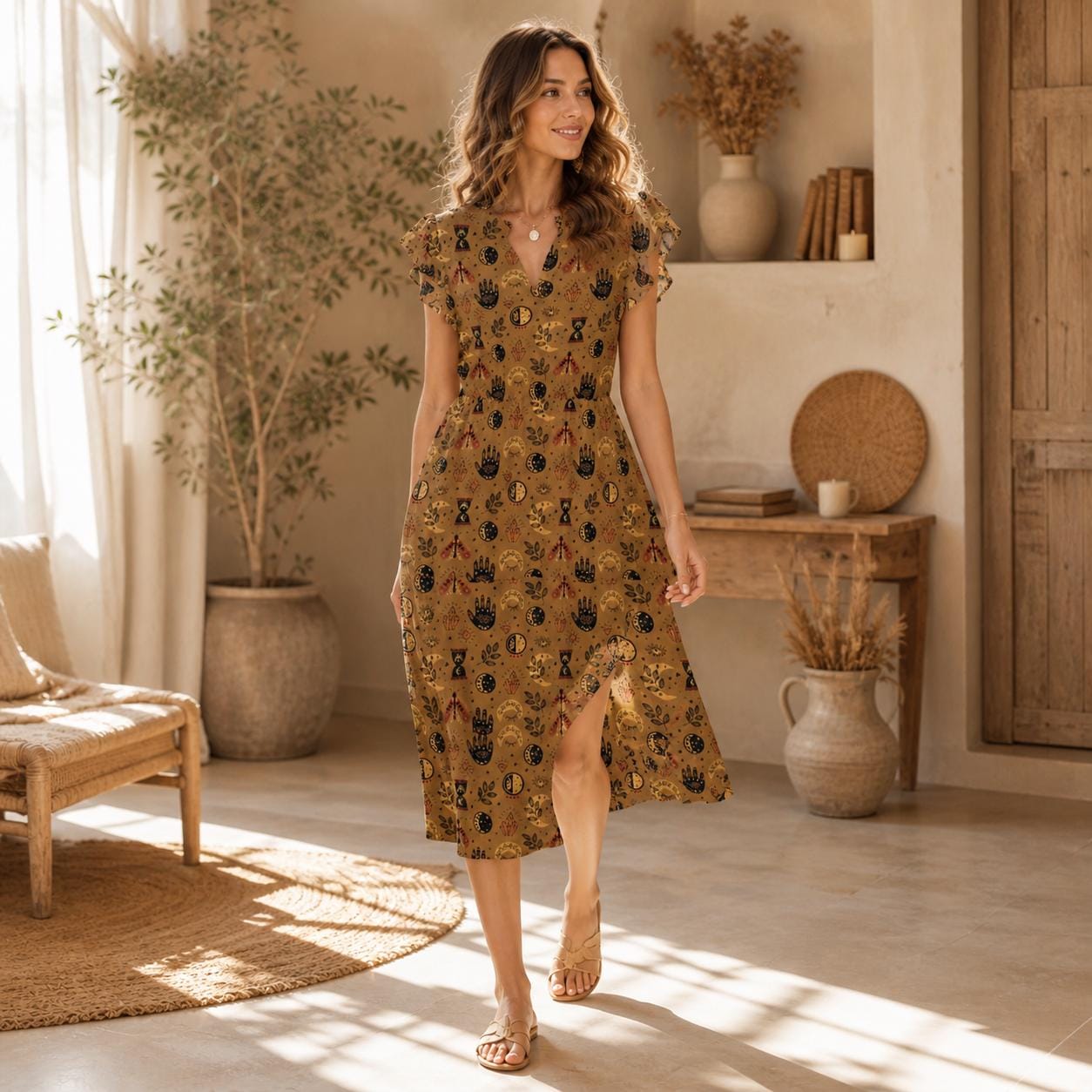 Celestial Print Midi Dress, Moon Phases, Mystical Symbols, Boho Charm, V-Neck, Flowing Silhouette