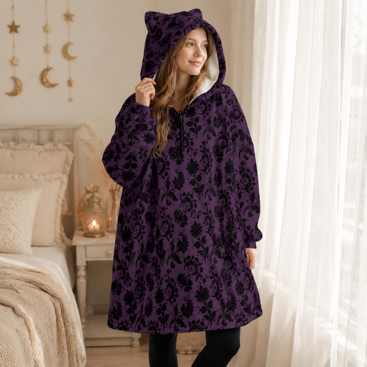 Purple Damask Hooded Blanket, Gothic Sherpa Lounge Hoodie, Cat Ear Cozy Gift