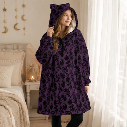 Purple Damask Hooded Blanket, Gothic Sherpa Lounge Hoodie, Cat Ear Cozy Gift