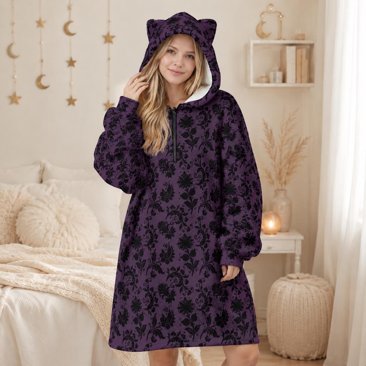 Purple Damask Hooded Blanket, Gothic Sherpa Lounge Hoodie, Cat Ear Cozy Gift