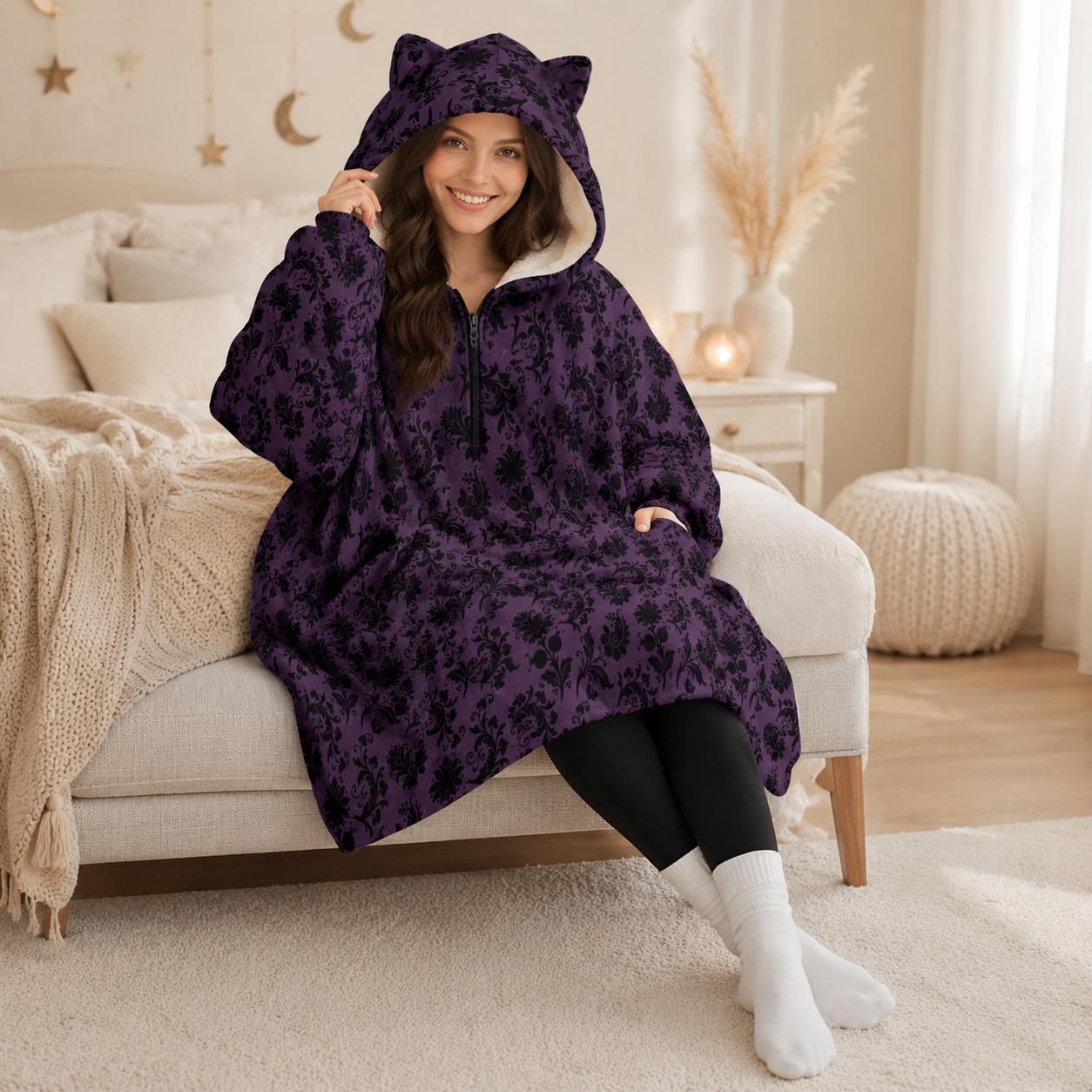 Purple Damask Hooded Blanket, Gothic Sherpa Lounge Hoodie, Cat Ear Cozy Gift