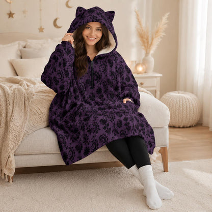 Purple Damask Hooded Blanket, Gothic Sherpa Lounge Hoodie, Cat Ear Cozy Gift