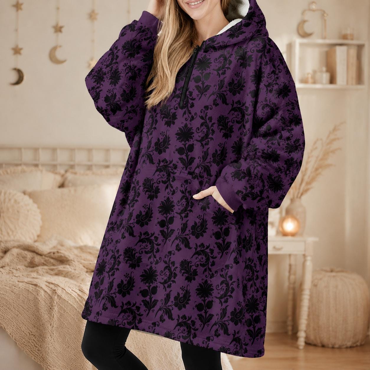 Purple Damask Hooded Blanket, Gothic Sherpa Lounge Hoodie, Cat Ear Cozy Gift