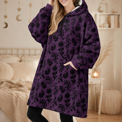 Purple Damask Hooded Blanket, Gothic Sherpa Lounge Hoodie, Cat Ear Cozy Gift