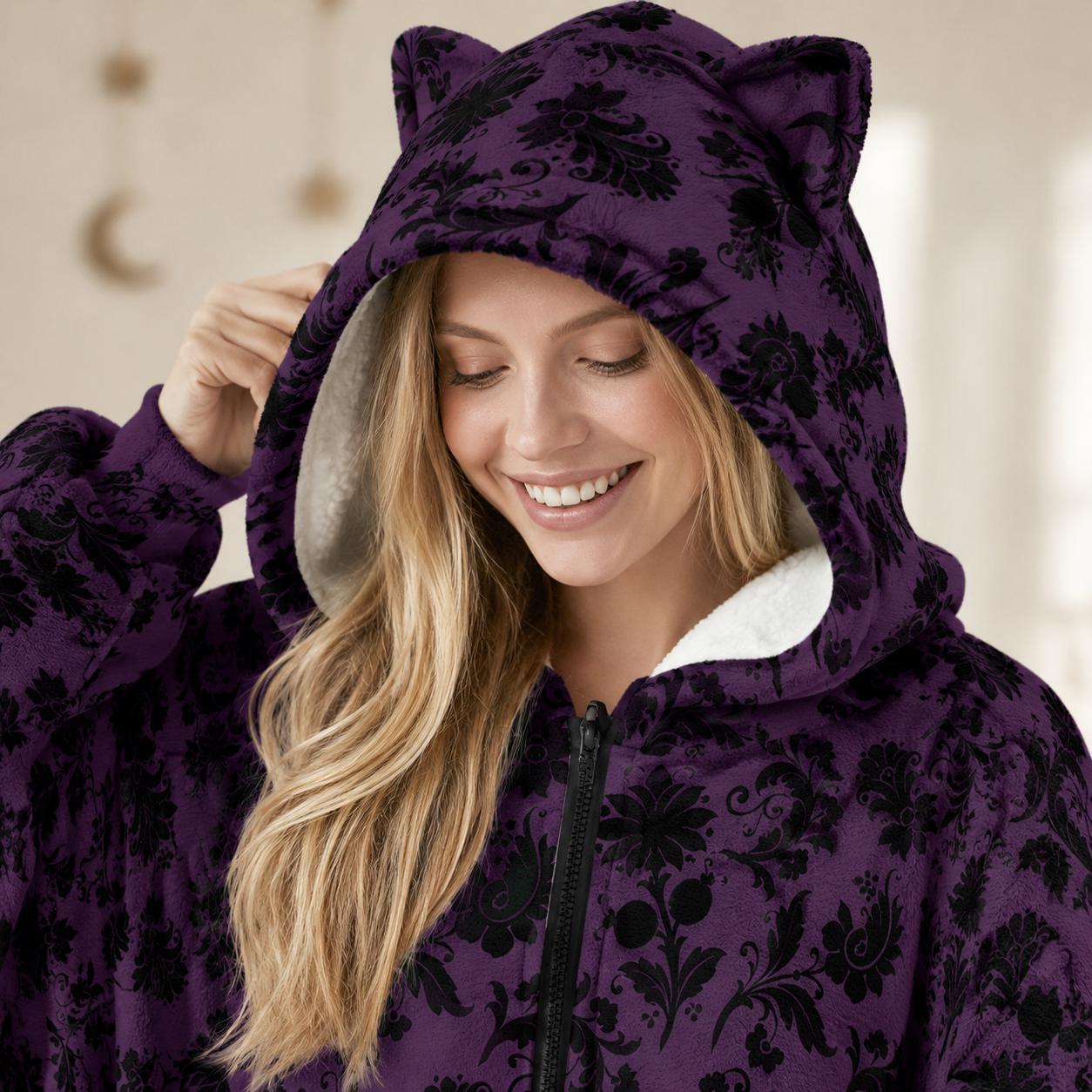 Purple Damask Hooded Blanket, Gothic Sherpa Lounge Hoodie, Cat Ear Cozy Gift
