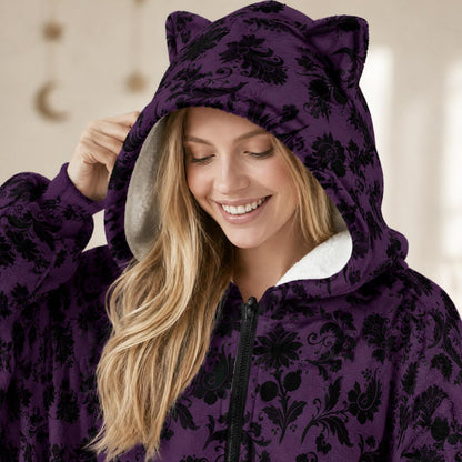 Purple Damask Hooded Blanket, Gothic Sherpa Lounge Hoodie, Cat Ear Cozy Gift