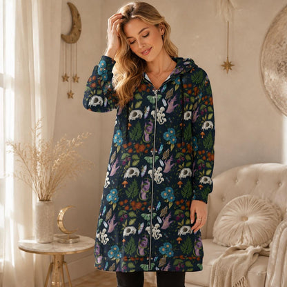 Witchy Long Hooded Coat, Dark Forest Mushroom Crystal Print Jacket