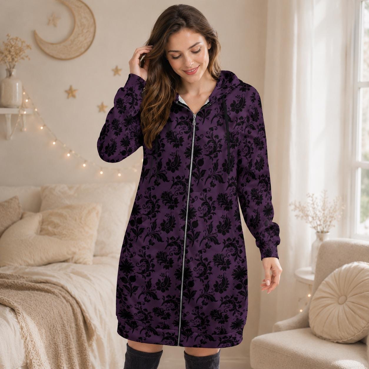 Purple damask longline zip coat, Victorian-inspired spooky floral outerwear for women, gothic streetwear