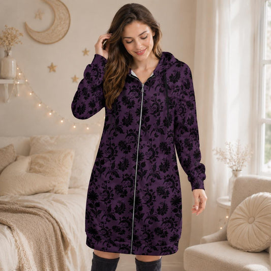 Purple damask longline zip coat, Victorian-inspired spooky floral outerwear for women, gothic streetwear