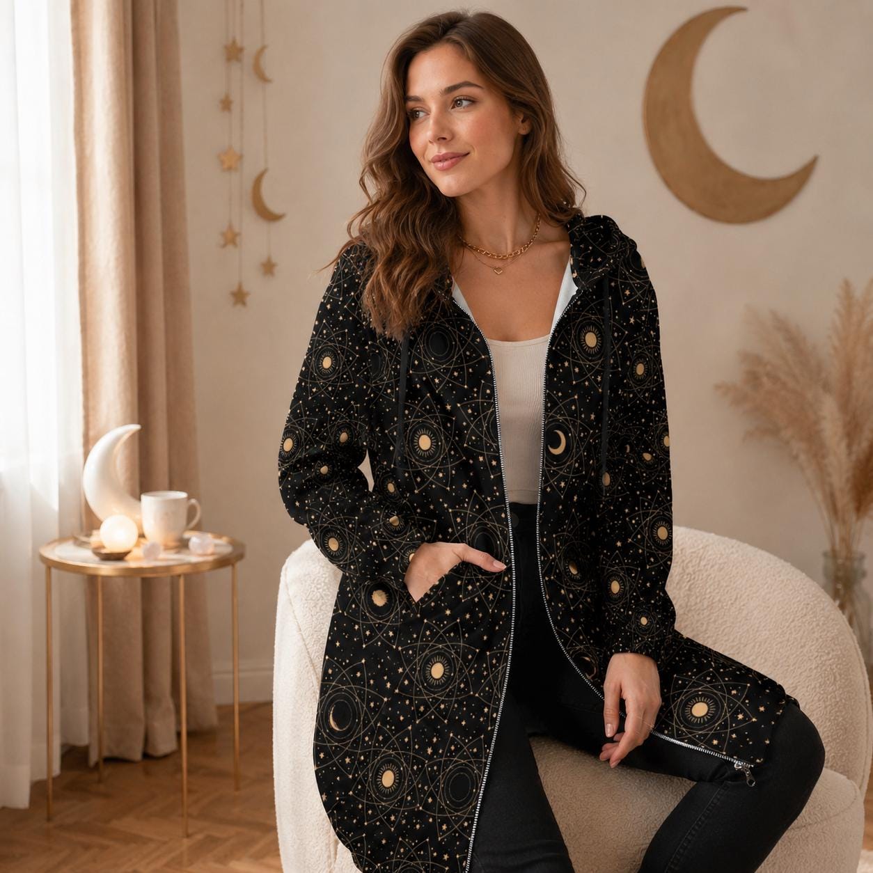 Celestial Moon Sun Hoodie Cardigan, Long Zip Hooded Coat, Witchy Star Print Outerwear for Women