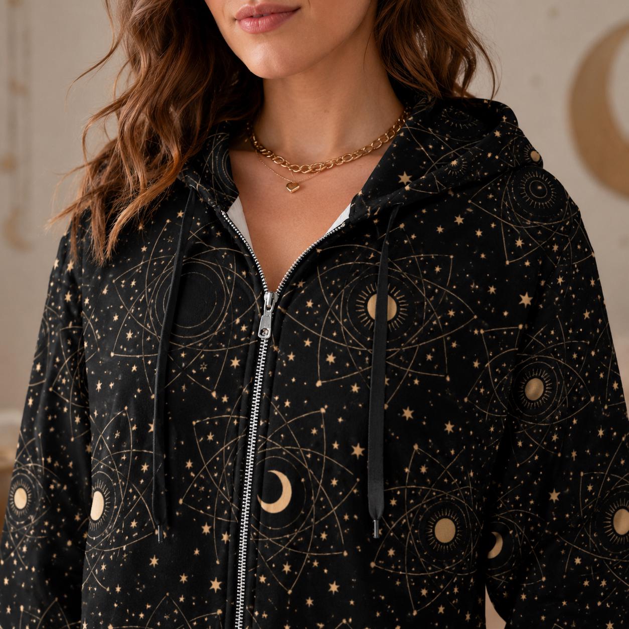 Celestial Moon Sun Hoodie Cardigan, Long Zip Hooded Coat, Witchy Star Print Outerwear for Women