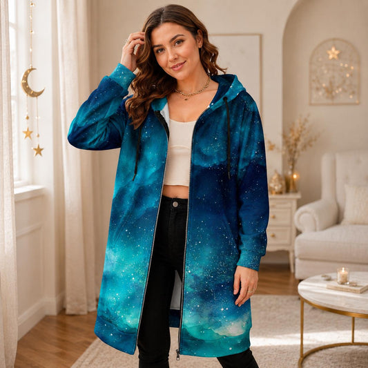 Blue galaxy hooded cardigan, long zip hoodie coat, watercolor star print outerwear