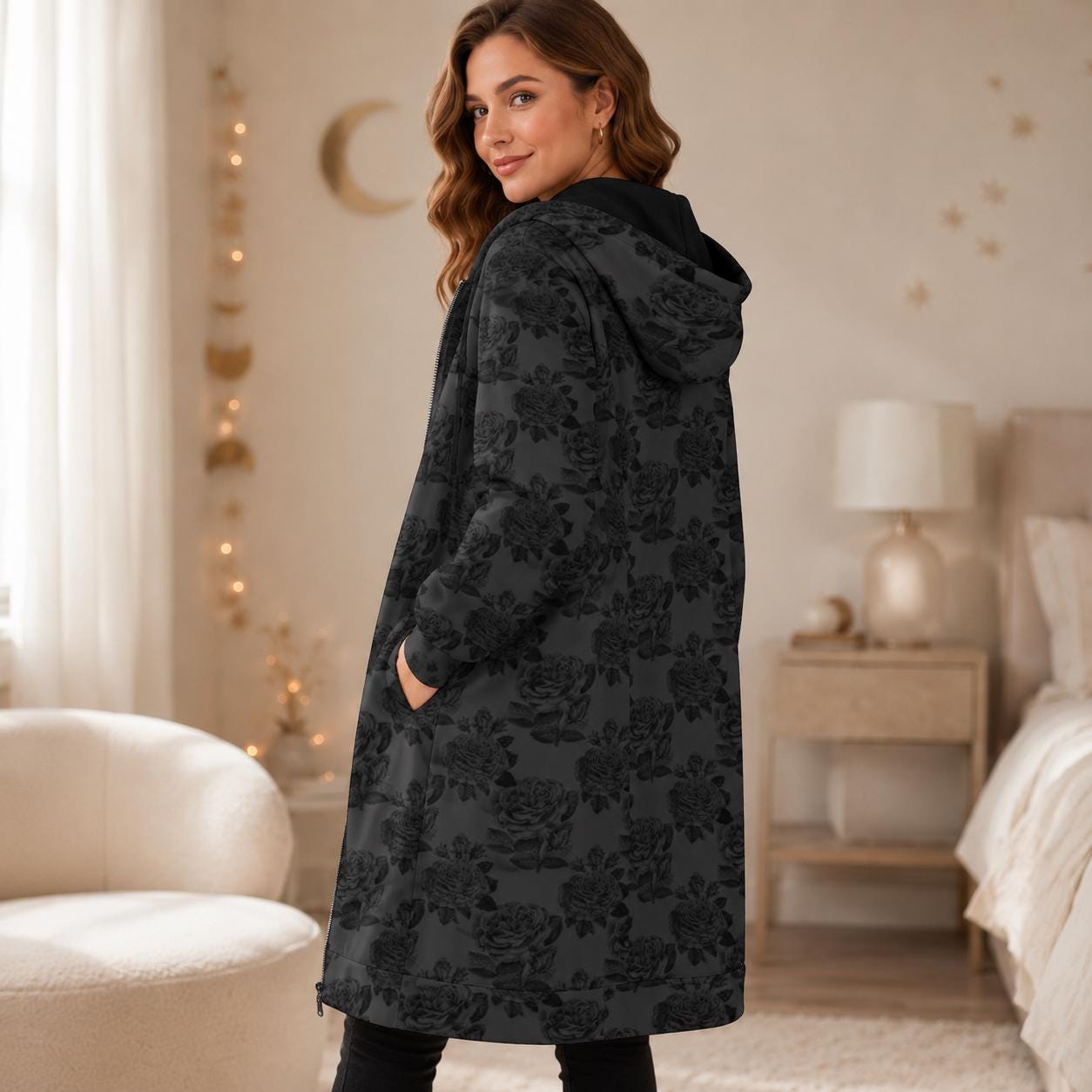 Black Rose Long Hooded Jacket, Dark Floral Zip Coat