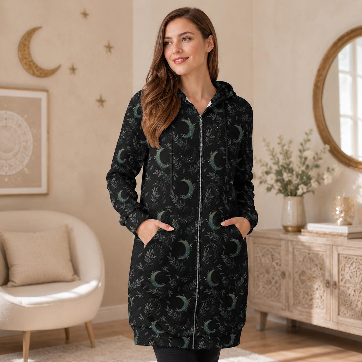 Moon and Stars Hooded Gothic Duster Cardigan with Celestial Print