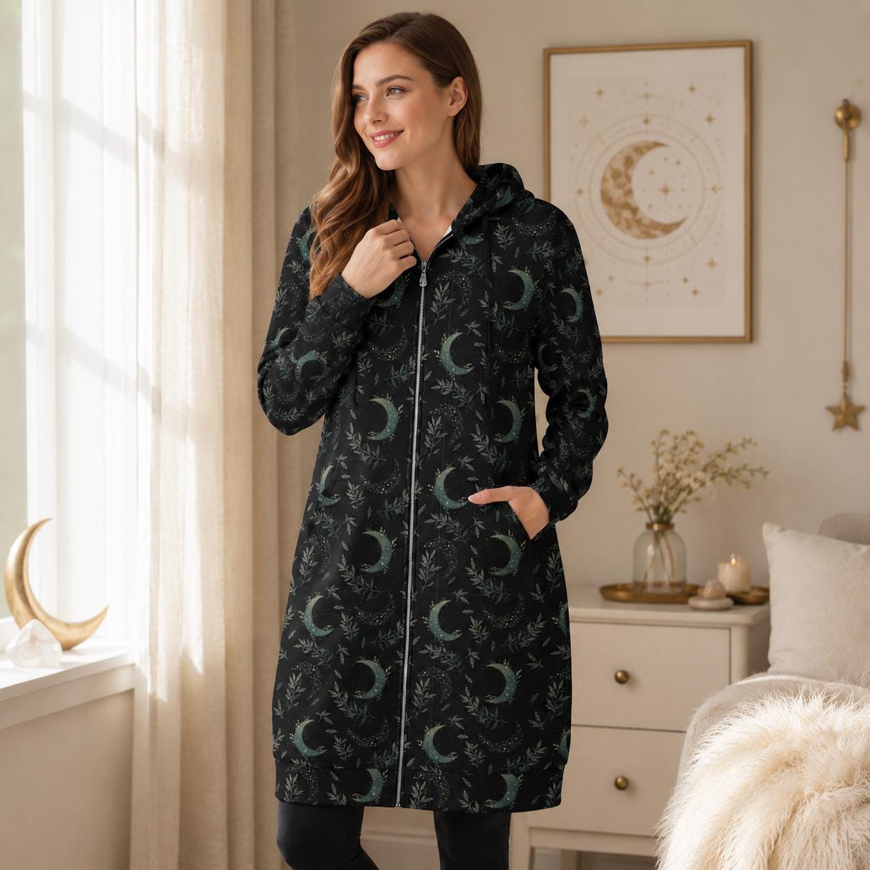 Moon and Stars Hooded Gothic Duster Cardigan with Celestial Print