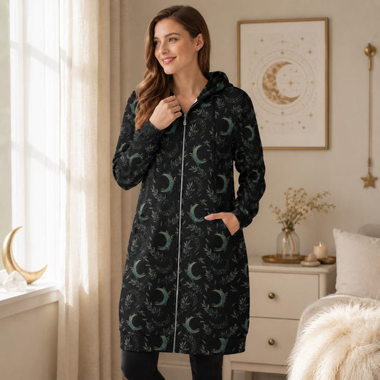 Moon and Stars Hooded Gothic Duster Cardigan with Celestial Print