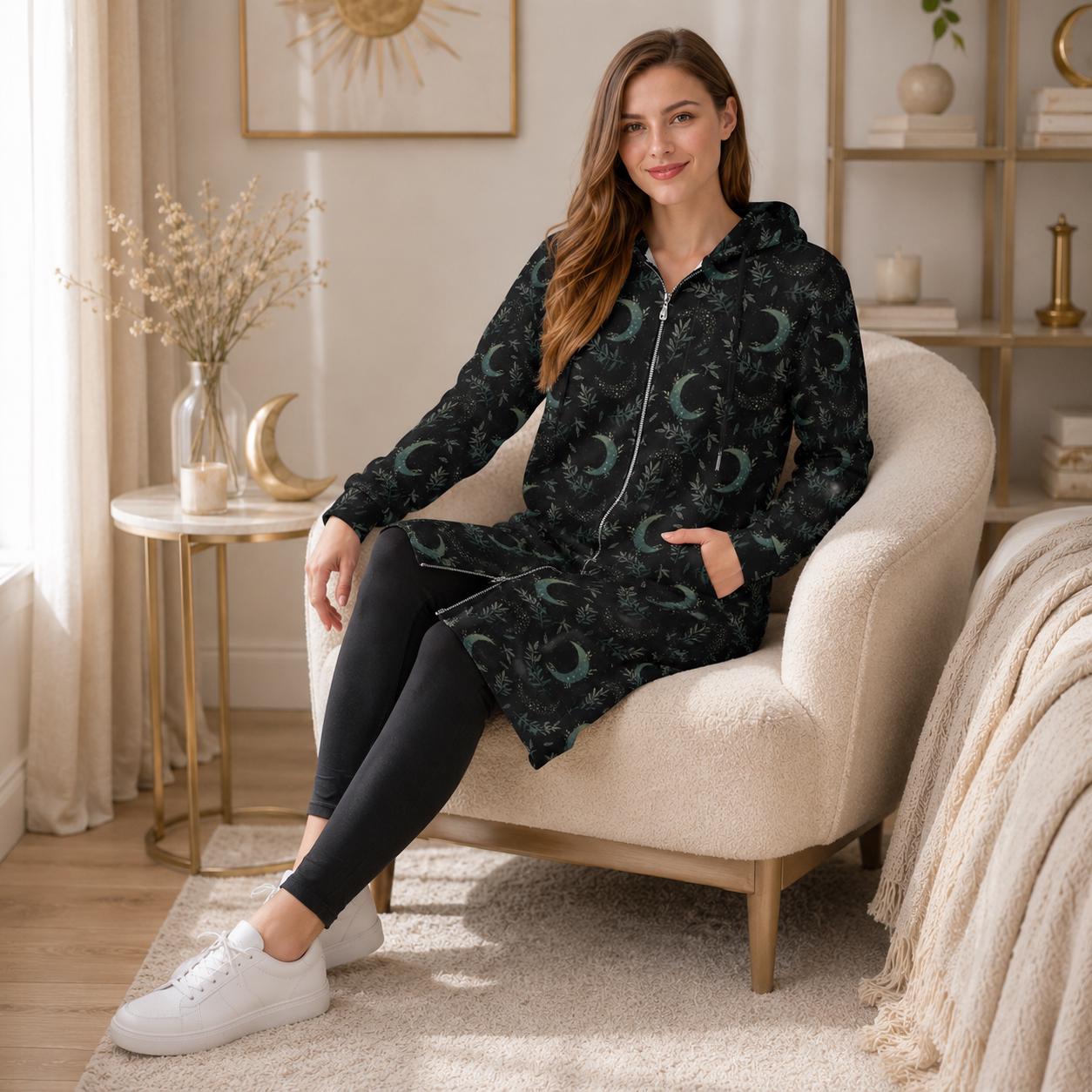 Moon and Stars Hooded Gothic Duster Cardigan with Celestial Print