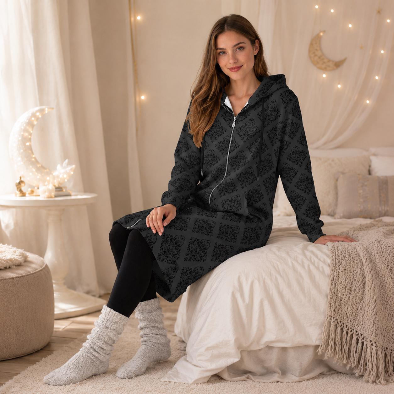 Damask Hooded Cardigan, Victorian Goth Zip Coat, Baroque Longline Hoodie