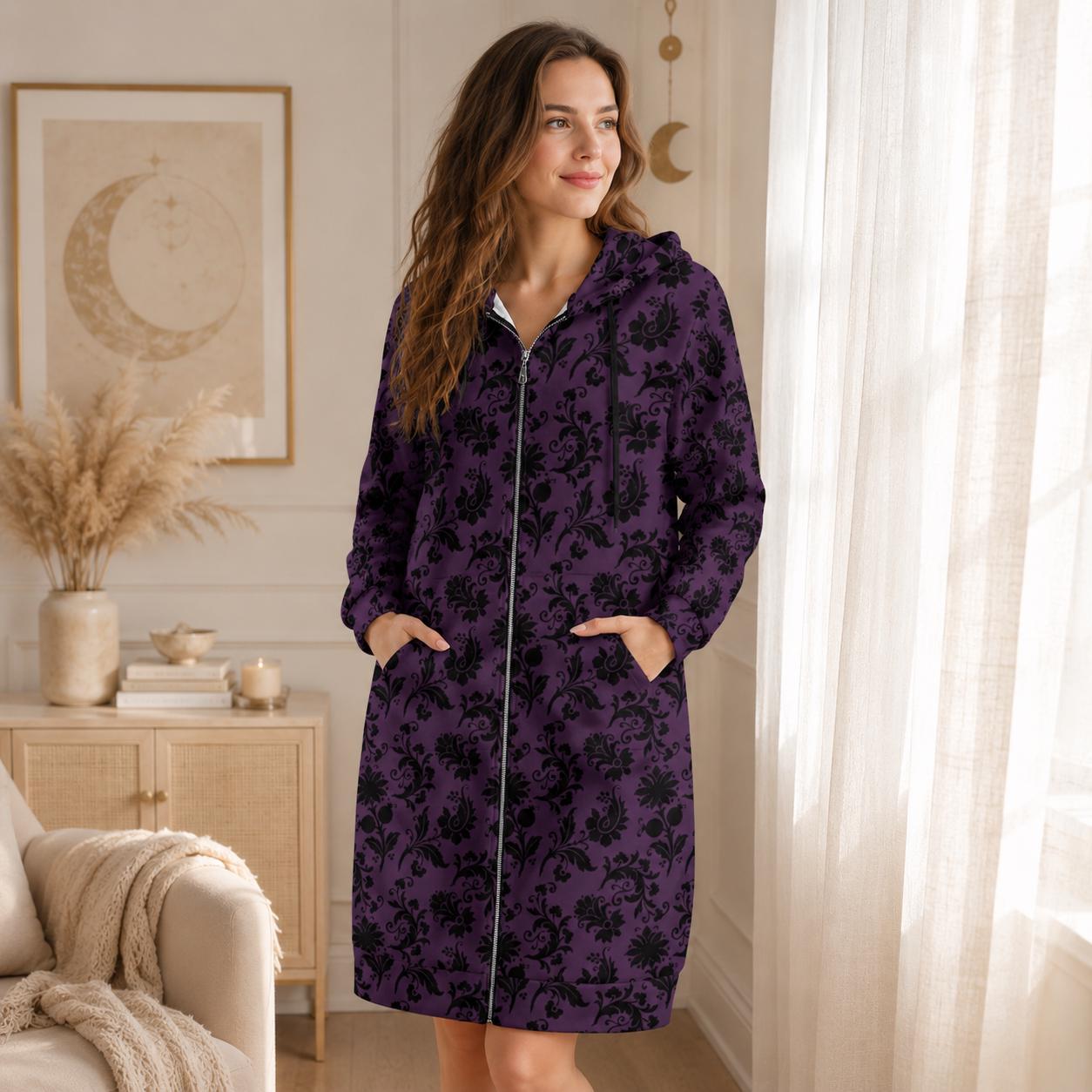 Purple damask longline zip coat, Victorian-inspired spooky floral outerwear for women, gothic streetwear