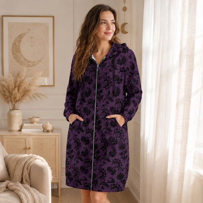 Purple damask longline zip coat, Victorian-inspired spooky floral outerwear for women, gothic streetwear