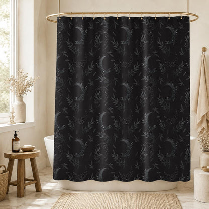 Celestial Shower Curtain, Crescent Moon Botanical Print, Dark Boho Bathroom Decor