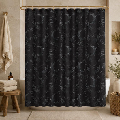 Celestial Shower Curtain, Crescent Moon Botanical Print, Dark Boho Bathroom Decor