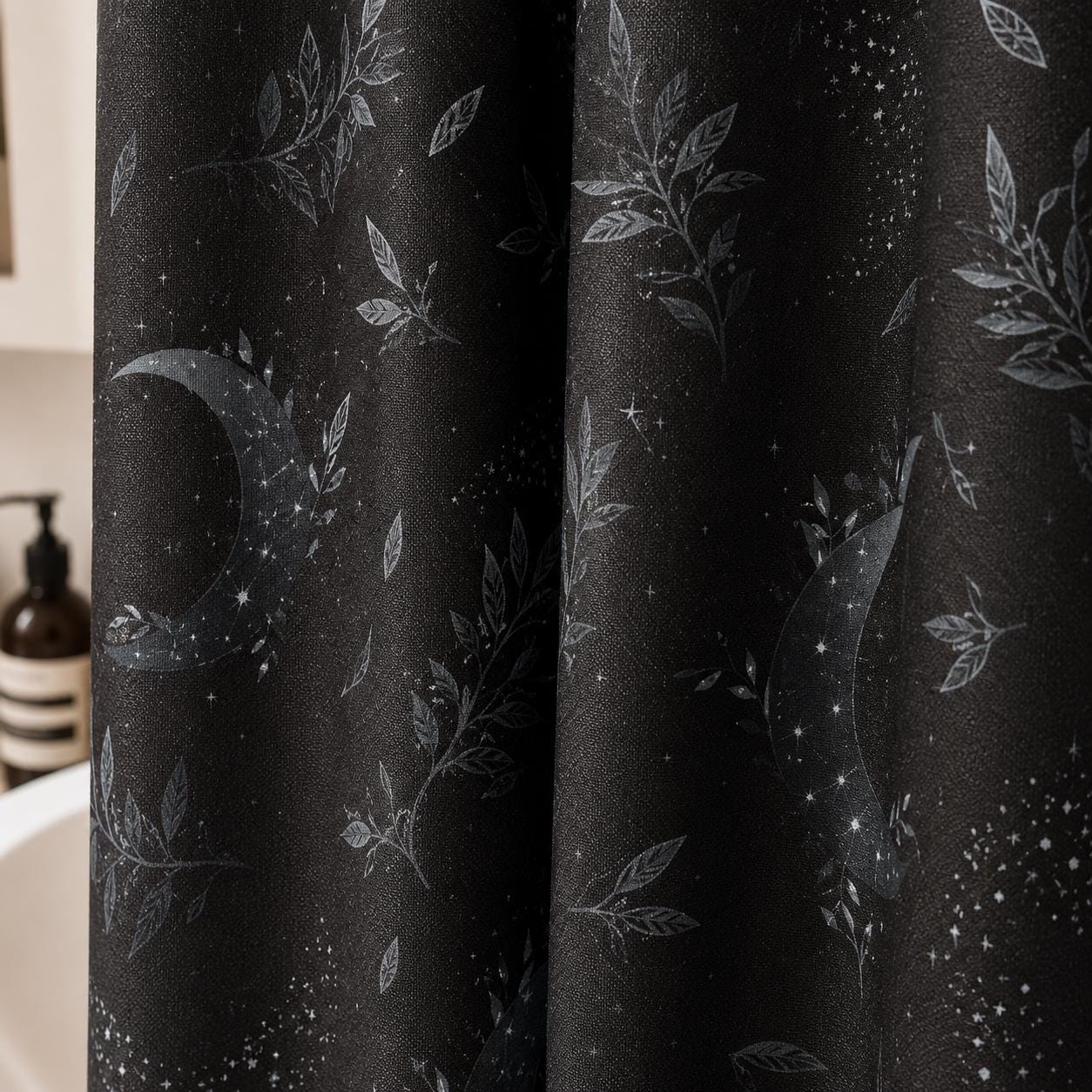 Celestial Shower Curtain, Crescent Moon Botanical Print, Dark Boho Bathroom Decor