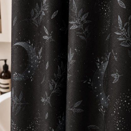 Celestial Shower Curtain, Crescent Moon Botanical Print, Dark Boho Bathroom Decor