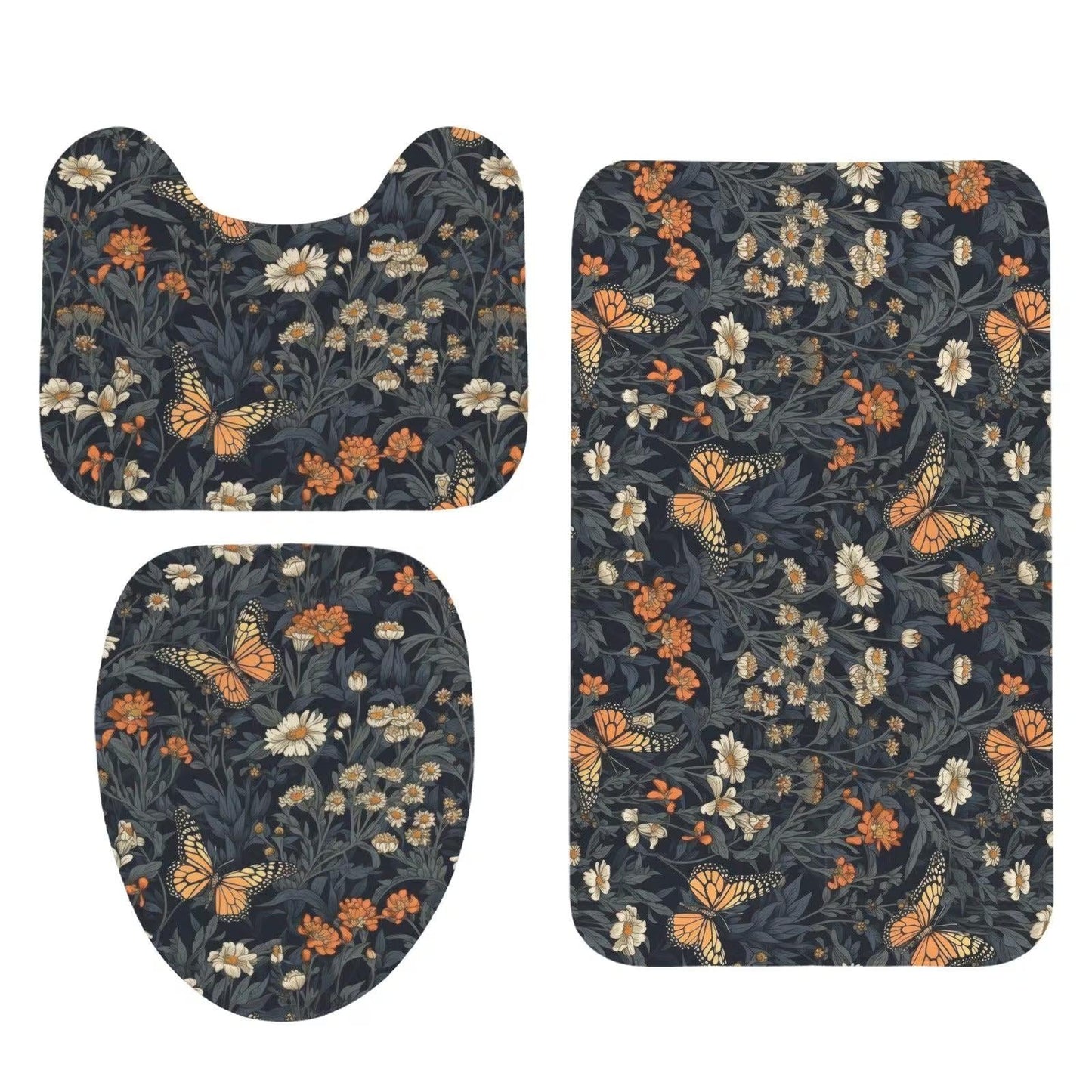 Monarch Butterfly Floral Shower Curtain, Dark Cottagecore Botanical Bath Decor