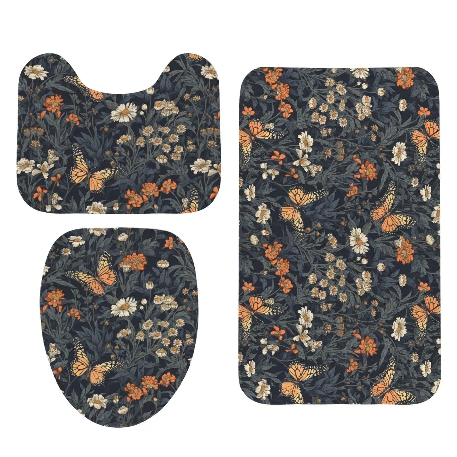 Monarch Butterfly Floral Shower Curtain, Dark Cottagecore Botanical Bath Decor