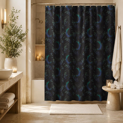 Celestial Shower Curtain, Moody Crescent Moon Botanical Bathroom Decor