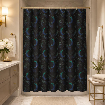 Celestial Shower Curtain, Moody Crescent Moon Botanical Bathroom Decor