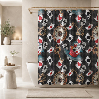 Playing Card Shower Curtain, Vintage Clock, Ornate Keys, Whimsical Storybook Bath Decor