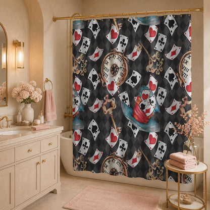 Playing Card Shower Curtain, Vintage Clock, Ornate Keys, Whimsical Storybook Bath Decor