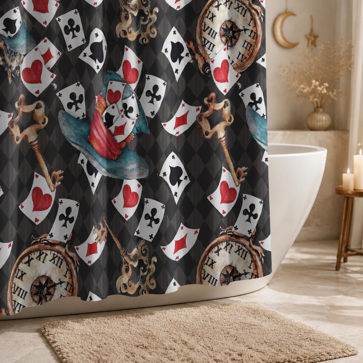 Playing Card Shower Curtain, Vintage Clock, Ornate Keys, Whimsical Storybook Bath Decor