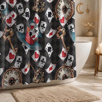 Playing Card Shower Curtain, Vintage Clock, Ornate Keys, Whimsical Storybook Bath Decor
