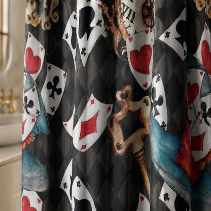 Playing Card Shower Curtain, Vintage Clock, Ornate Keys, Whimsical Storybook Bath Decor