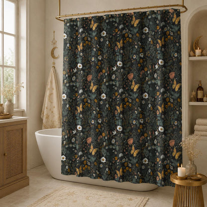 Dark Floral Butterfly Shower Curtain, Moody Botanical Wildflower Bath Decor