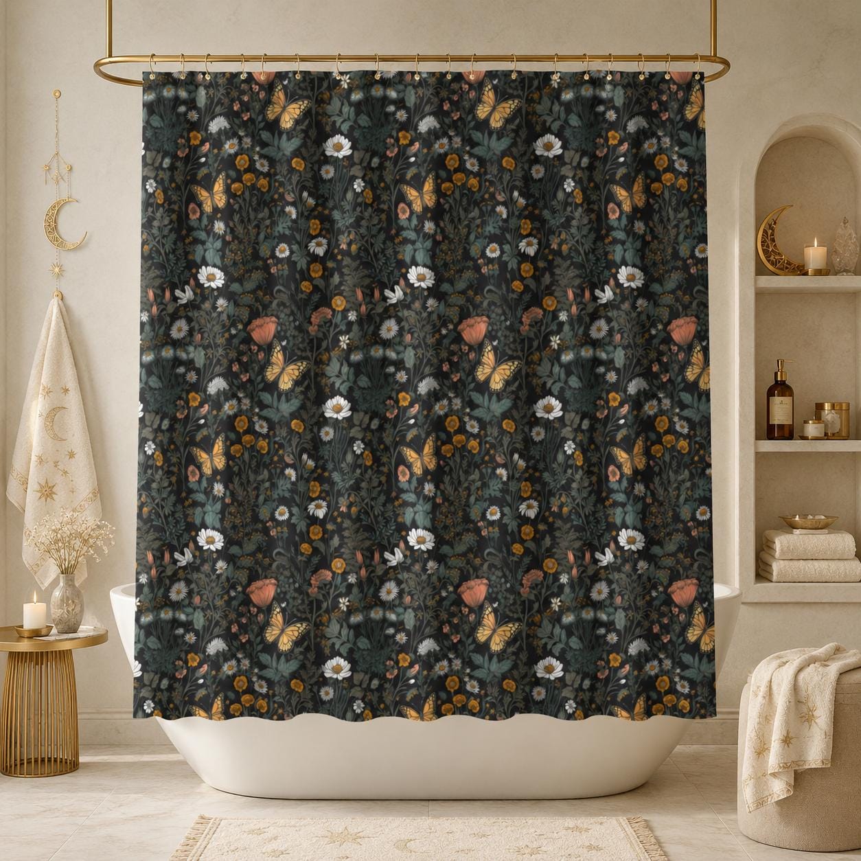 Dark Floral Butterfly Shower Curtain, Moody Botanical Wildflower Bath Decor