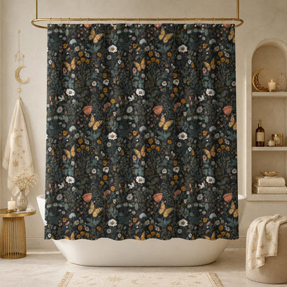 Dark Floral Butterfly Shower Curtain, Moody Botanical Wildflower Bath Decor