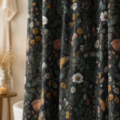 Dark Floral Butterfly Shower Curtain, Moody Botanical Wildflower Bath Decor