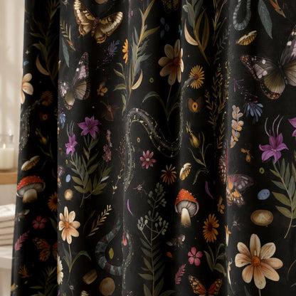 Snake Butterfly Shower Curtain, Dark Woodland Floral Bath Decor