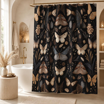 Moth Botanical Shower Curtain, Dark Cottagecore Butterfly Bath Decor