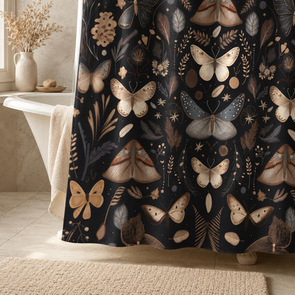 Moth Botanical Shower Curtain, Dark Cottagecore Butterfly Bath Decor