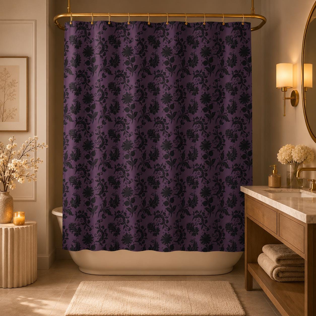Purple Damask Shower Curtain, Gothic Baroque Bath Decor, Victorian Floral Style