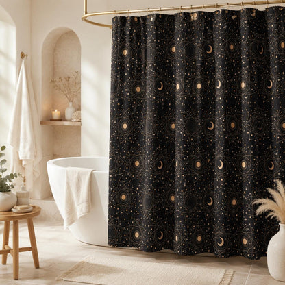Black Celestial Moon Phase Shower Curtain, Astrology Sun Star Bath Decor