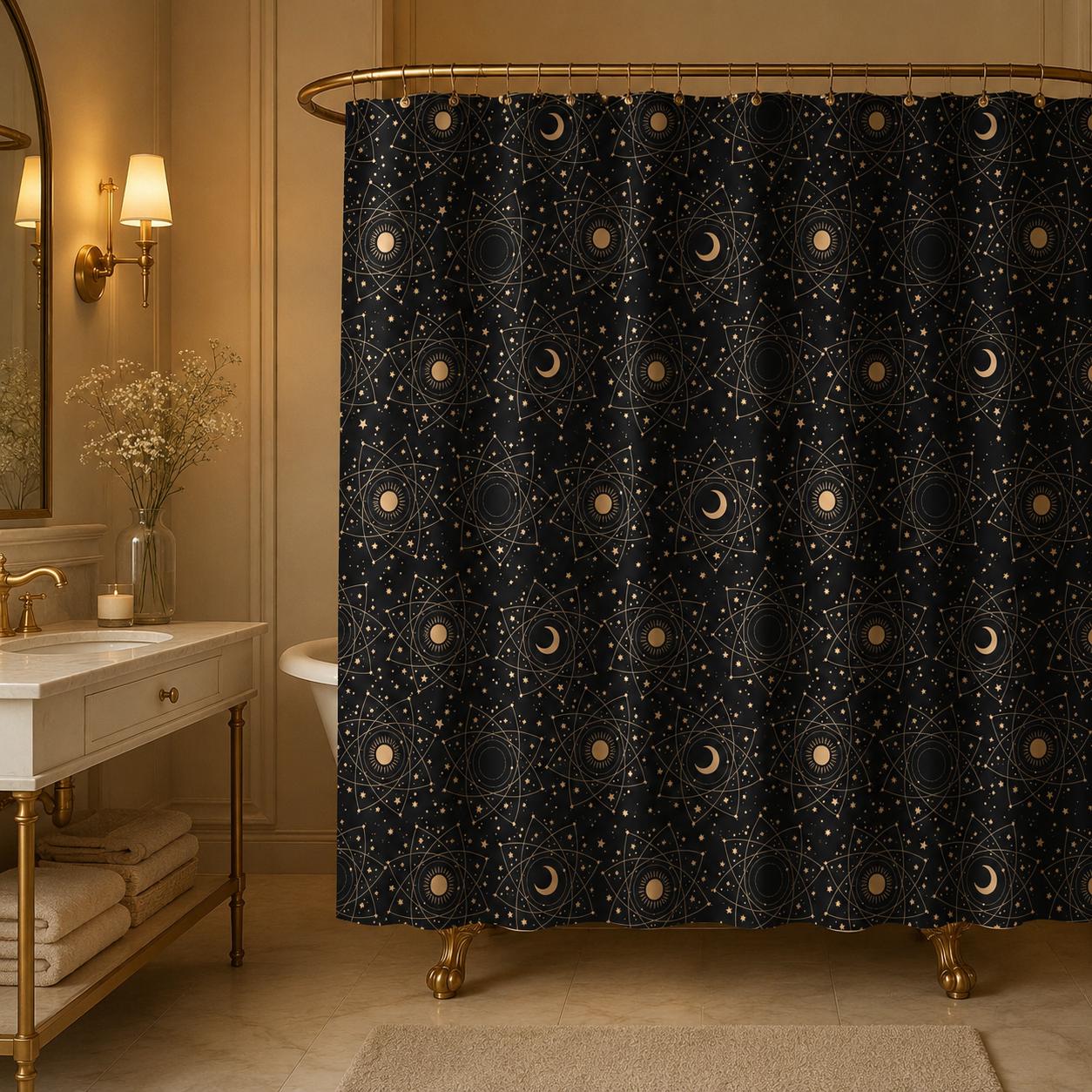 Black Celestial Moon Phase Shower Curtain, Astrology Sun Star Bath Decor
