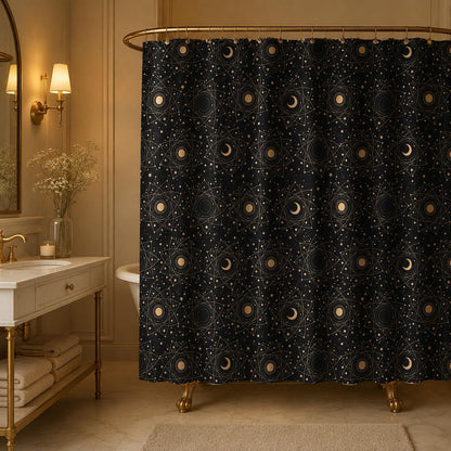 Black Celestial Moon Phase Shower Curtain, Astrology Sun Star Bath Decor
