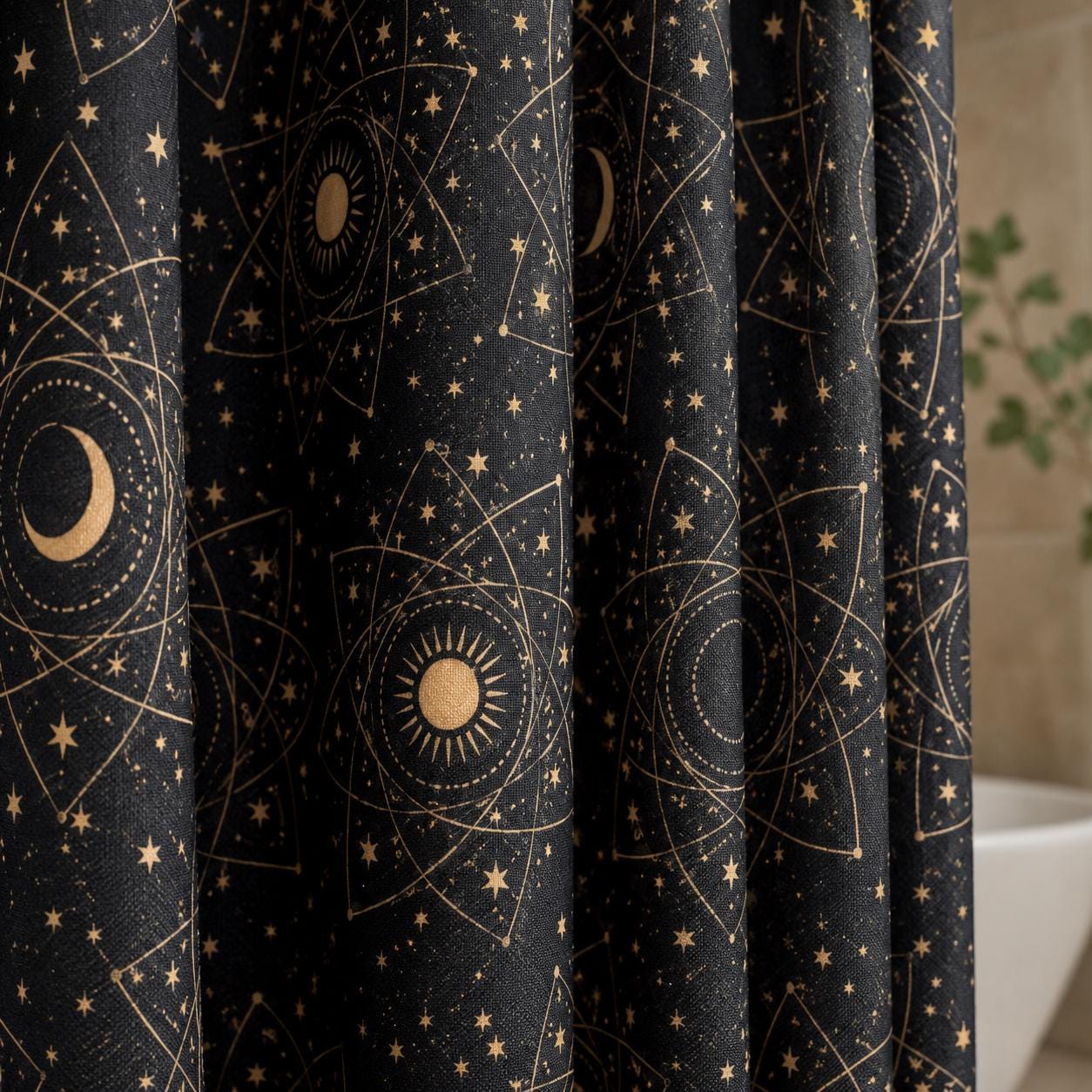 Black Celestial Moon Phase Shower Curtain, Astrology Sun Star Bath Decor